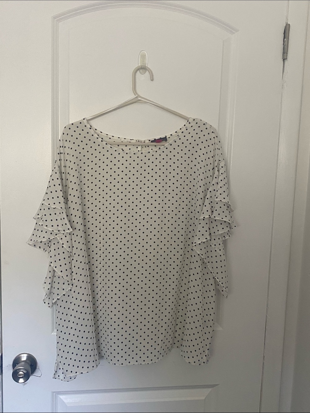 Vince Camuto Cream Blouse with Black Polka Dots and Ruffle Sleeves